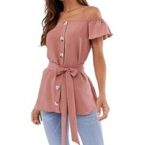 T7 River Island Off Shoulder Button Down Top with Belt Blush Pink